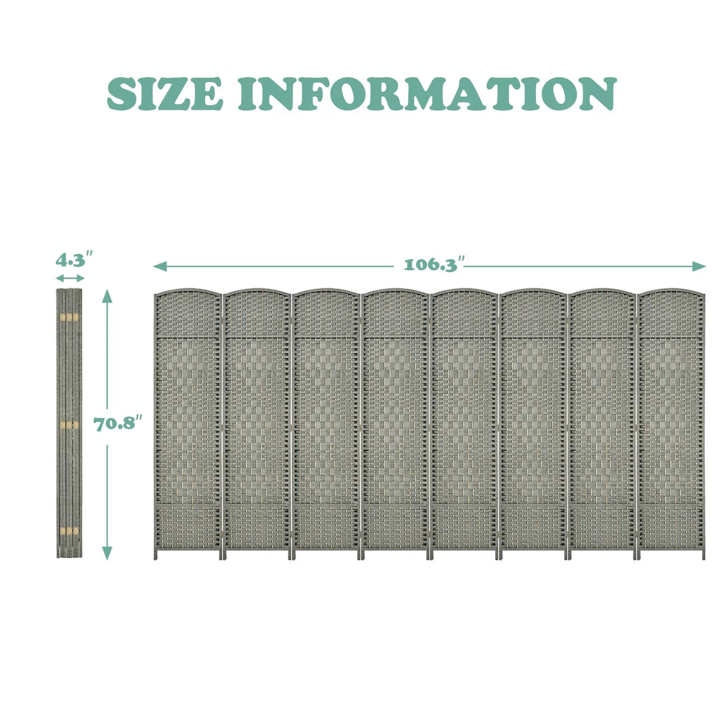 5.7ft Wood Fiber Woven Room Divider 8 Panels, Foldable Grey I3023