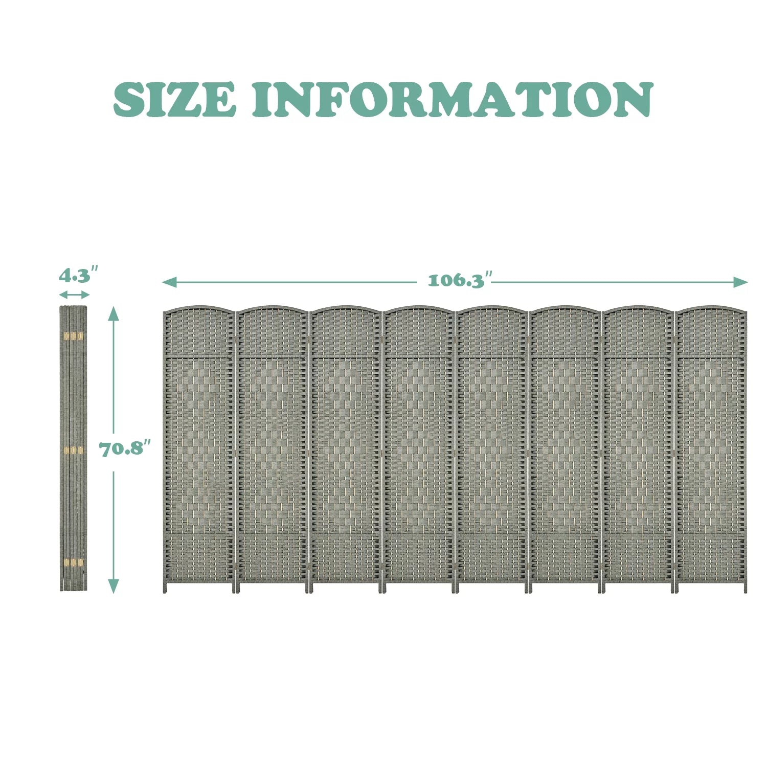 5.7ft Wood Fiber Woven Room Divider 8 Panels, Foldable Grey I3023
