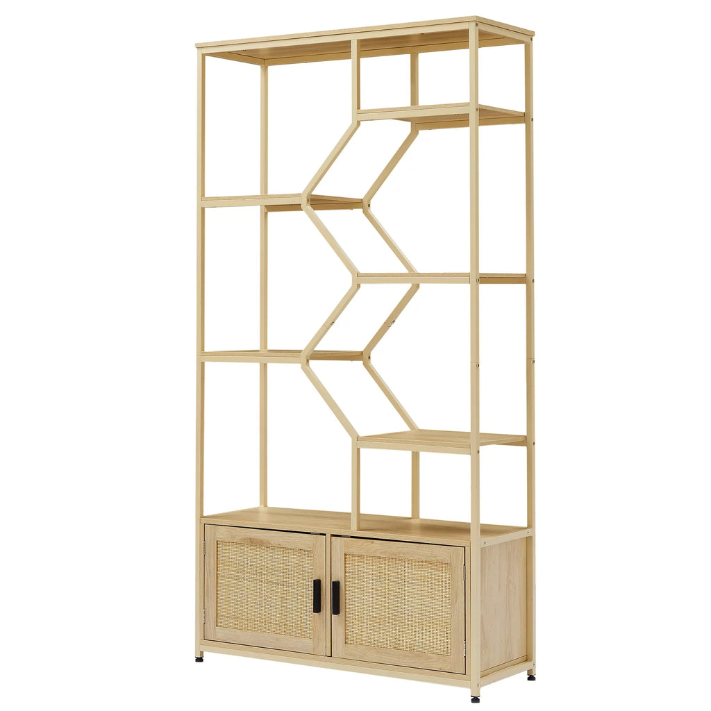 Rattan Bookshelf 7 Tiers with Storage Cabinet and Doors T2268