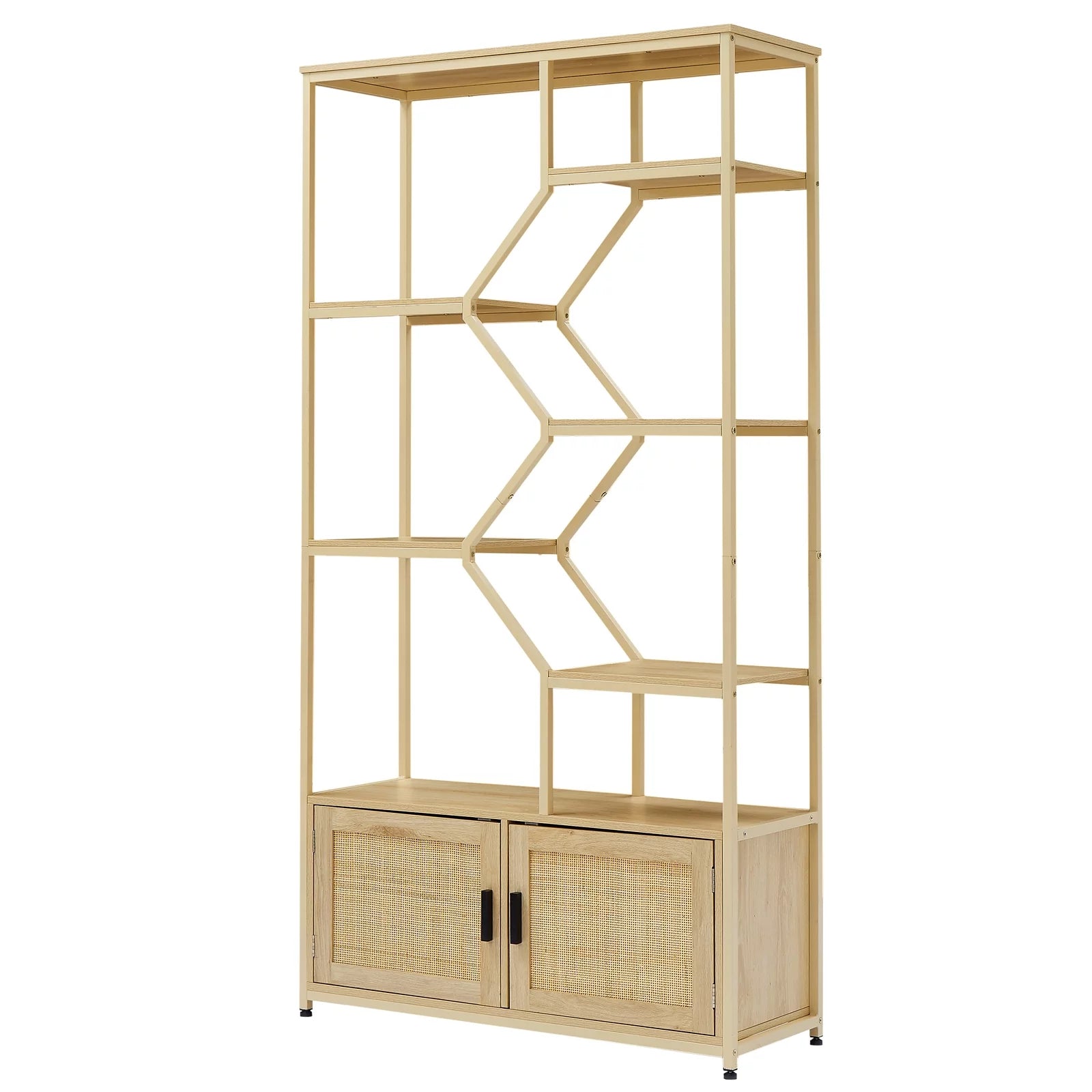 Rattan Bookshelf 7 Tiers with Storage Cabinet and Doors T2268