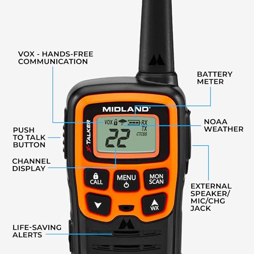 Spotting and Recovery Walkie-Talkie Long Range FRS Two Way Radio for Kids Caravanning with NOAA Weather Alert, 38 Privacy Codes, Black Orange 2 Pack L626895