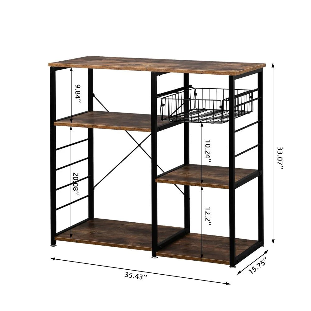Vintage Kitchen Baker's Rack Microwave Stand Coffee Bar Table with Storage Shelf, Basket & Hooks, Rustic Brown S5409
