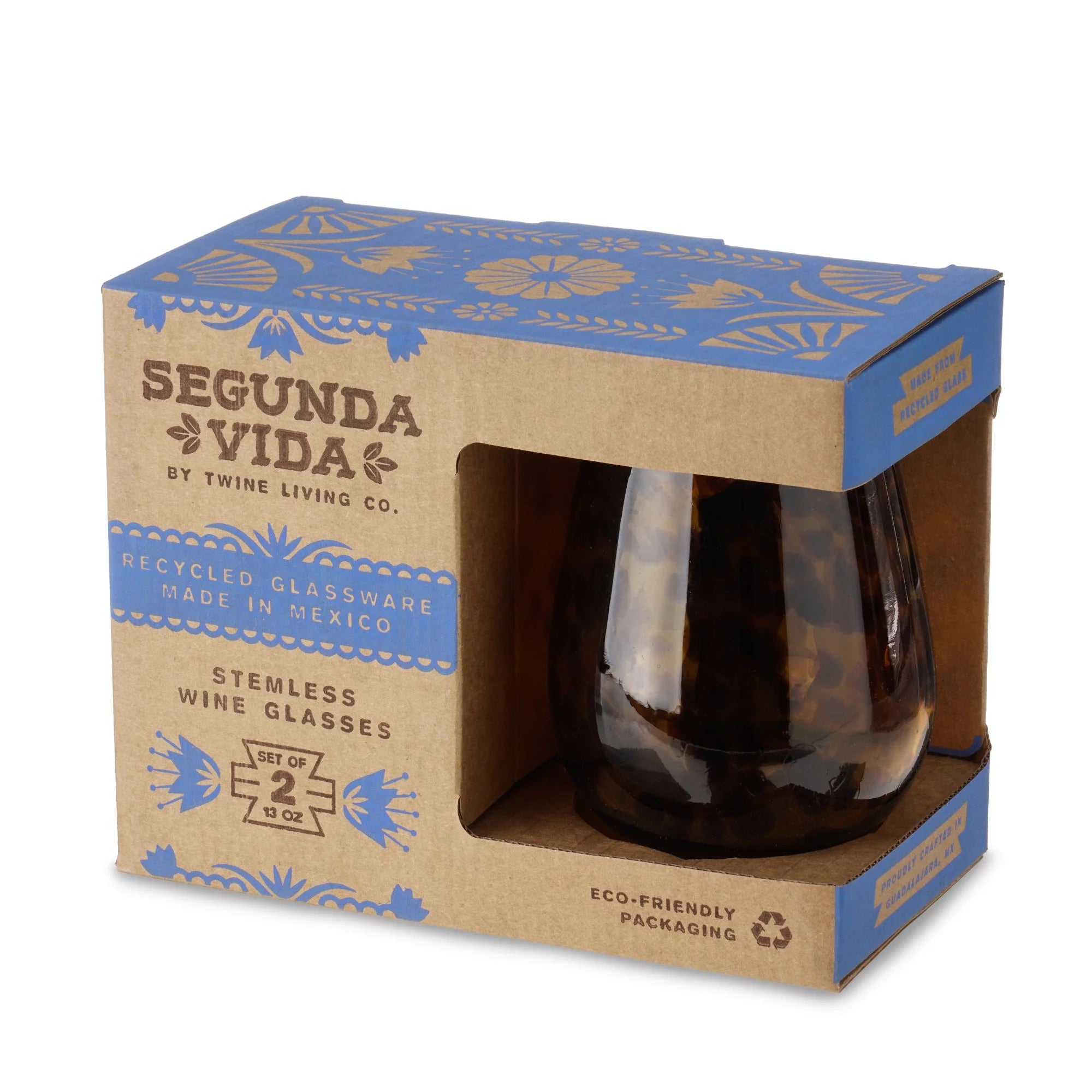 Tortoise Shell Stemless Wine Glasses Set - Hand Blown Recycled Glass, 13oz, Set of 2 S726