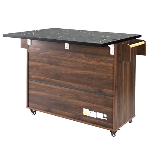 Farmhouse Kitchen Island with Drop Leaf, Barn Door and Wheels O34026
