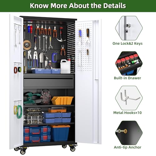 Garage Storage Cabinet with Wheels, 72" H, 2 Doors, 4 Adjustable Shelves, Black Q104