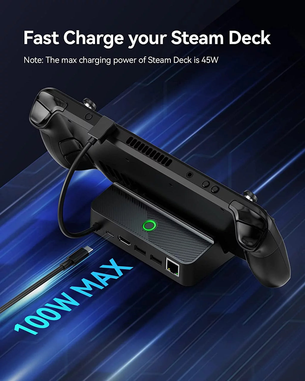 Steam Deck Dock with LED Light, 5-in-1, Gigabit Ethernet, HD 2.0, 2 USB-A, 100W Charging K85848