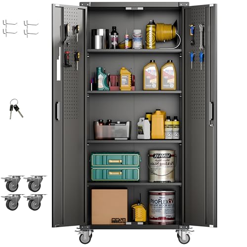 Garage Storage Cabinet with Wheels, 72" H, 2 Doors, 4 Adjustable Shelves, Black Q104