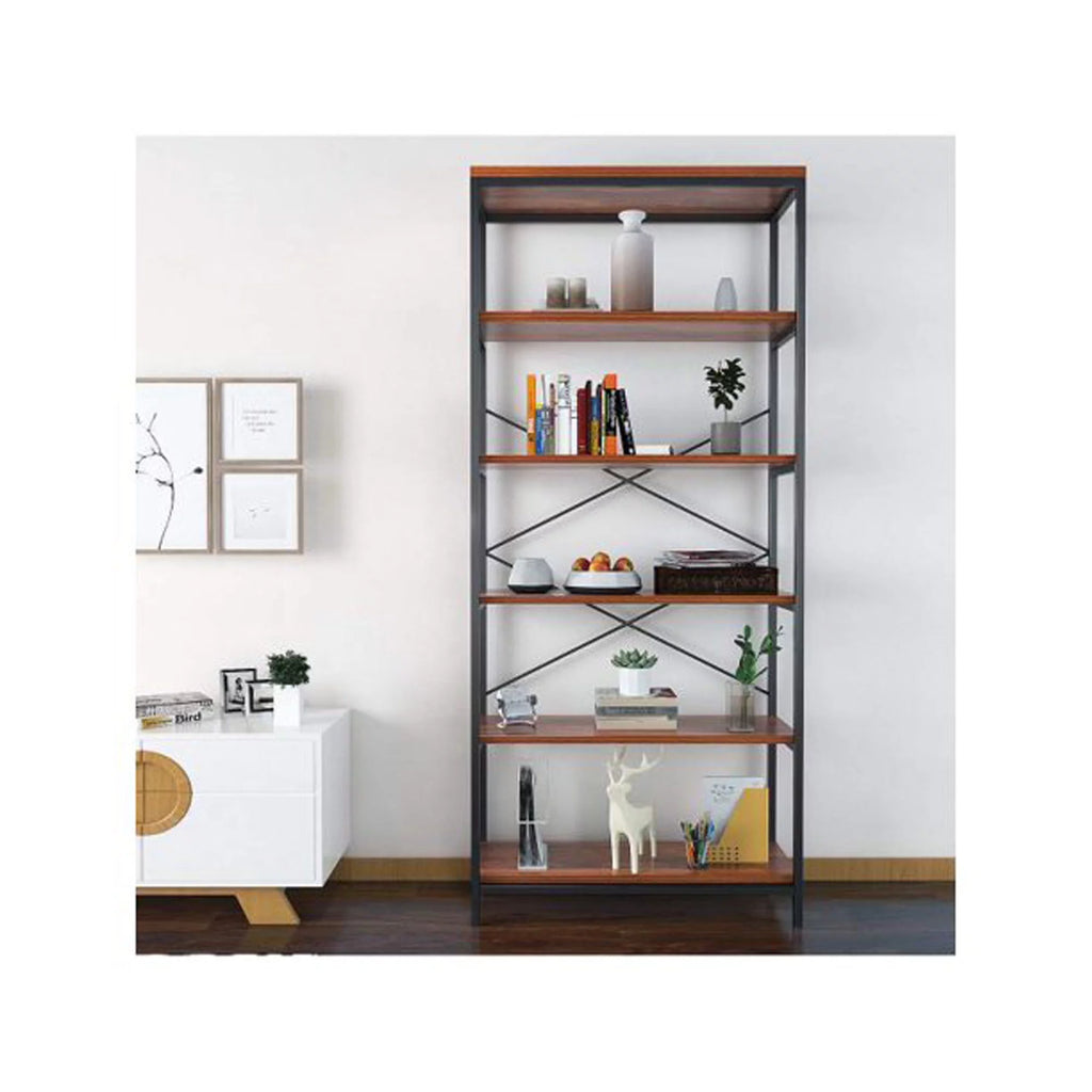 5-Tier Tall Bookcase, Rustic Wood and Metal Open Shelf Unit P380
