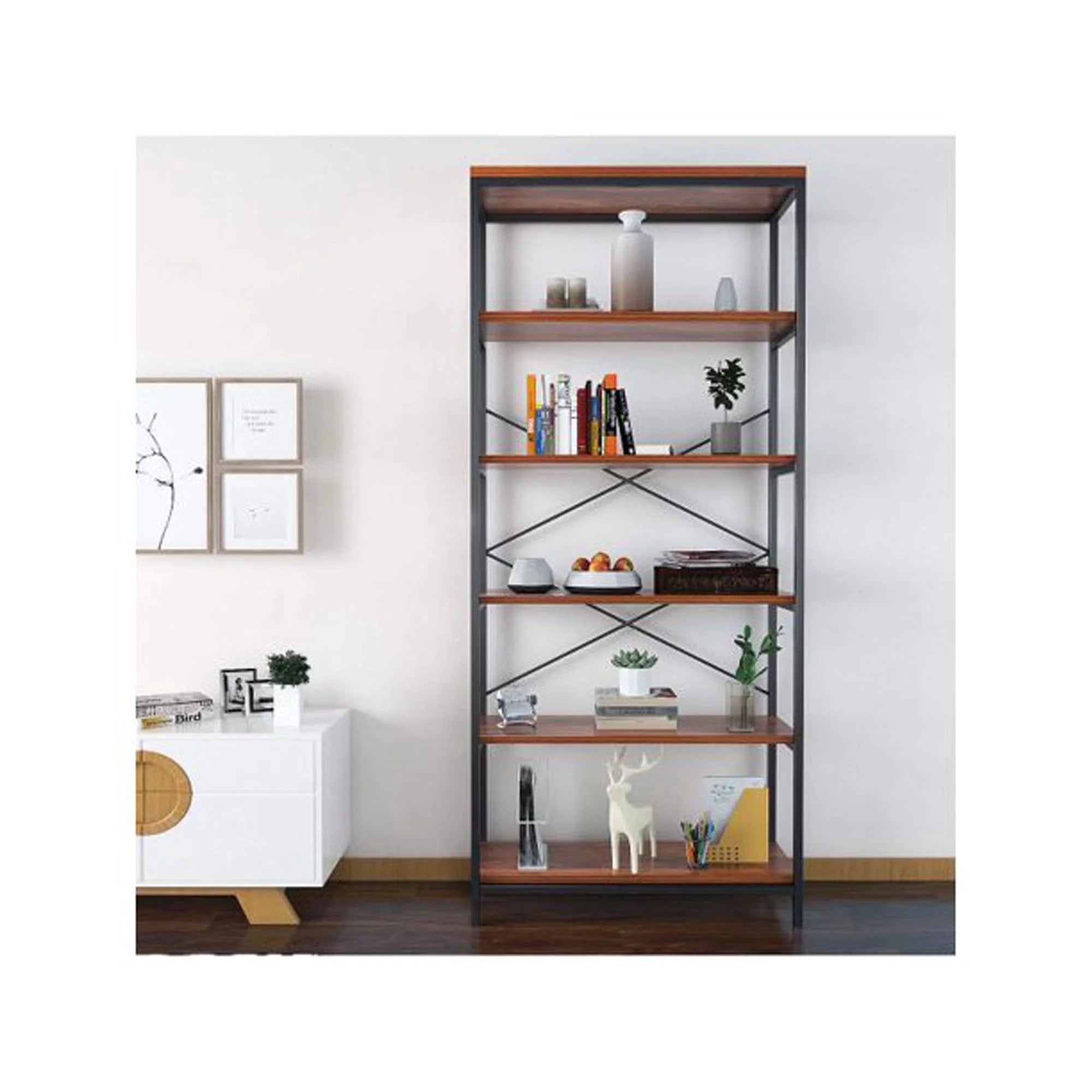 5-Tier Tall Bookcase, Rustic Wood and Metal Open Shelf Unit P380