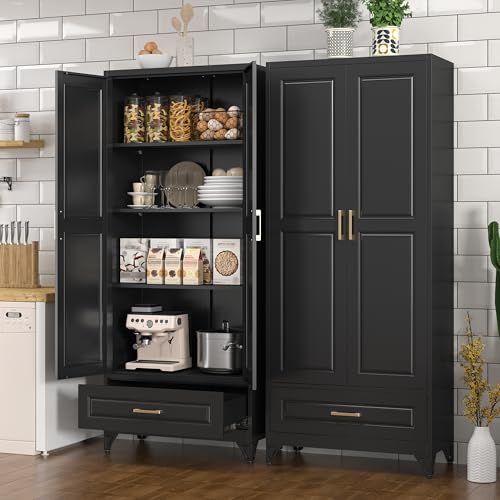Tall Kitchen Storage Cabinet with Doors and Adjustable Shelves, Black Freestanding Cupboard X34021