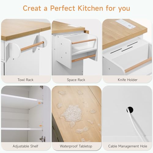 Kitchen Island with Power Outlet & Drop Leaf, Rolling Cart with Storage T1071