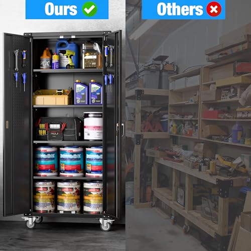 Metal Storage Cabinet with Wheels, 73" H, Locking Doors and Adjustable Shelves C8462