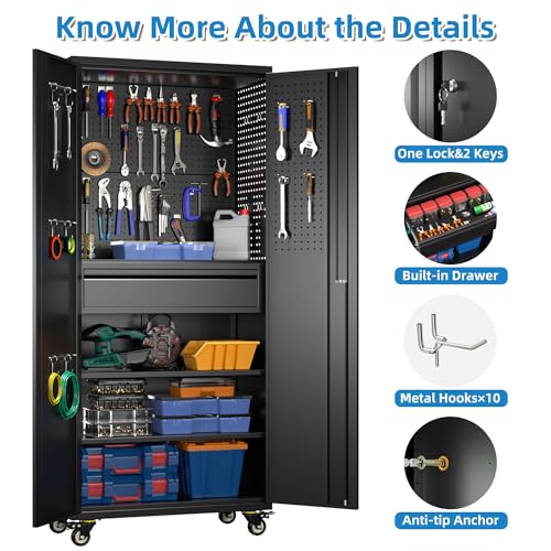 Metal Storage Cabinet with Wheels, 73" H, Locking Doors and Adjustable Shelves C8462