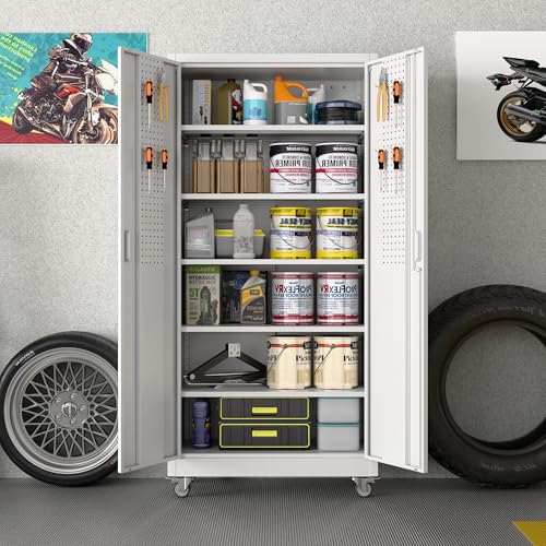 Garage Storage Cabinet with Wheels, 72" H, 2 Doors, 4 Adjustable Shelves, Black Q104