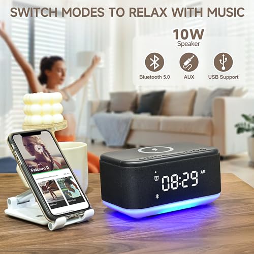 Wireless Charger Alarm Clock Speaker with Dimmable Light D64277