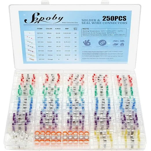 Sopoby 250PCS Solder Seal Wire Connectors, Self-Solder Heat Shrink Butt Connector Solder Sleeve Waterproof Electrical Butt Splice Wire Terminals for Automotive Boat Truck Wire Joint(7 Colors/7 Sizes)
