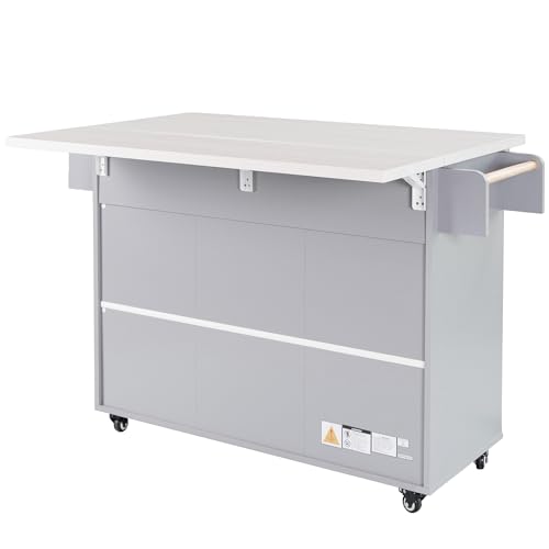 Farmhouse Kitchen Island with Drop Leaf, Barn Door and Wheels O34026