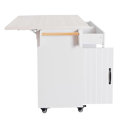 Farmhouse Kitchen Island with Drop Leaf, Barn Door and Wheels O34026