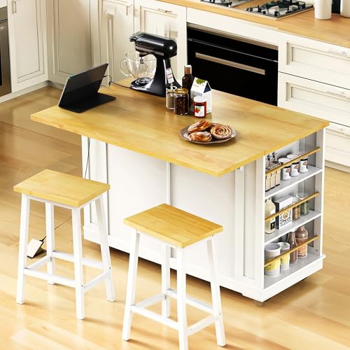 Kitchen Island Cart with Drop Leaf, Power Outlet, and 5 Storage Shelves Z644898