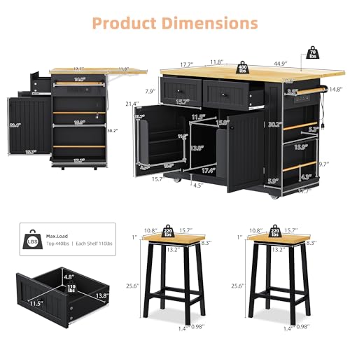 Kitchen Island Cart with Drop Leaf, Power Outlet, and 5 Storage Shelves Z644898