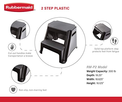 2-Step Molded Plastic Step Stool, Lightweight, Slip Resistant, Black D3424