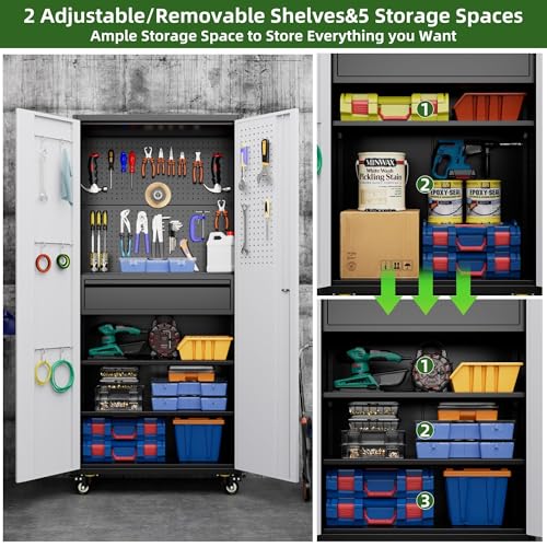 Garage Storage Cabinet with Wheels, 72" H, 2 Doors, 4 Adjustable Shelves, Black Q104