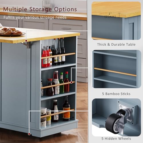 Large Kitchen Island with Drop Leaf, Rolling Cart, Power Outlet R822