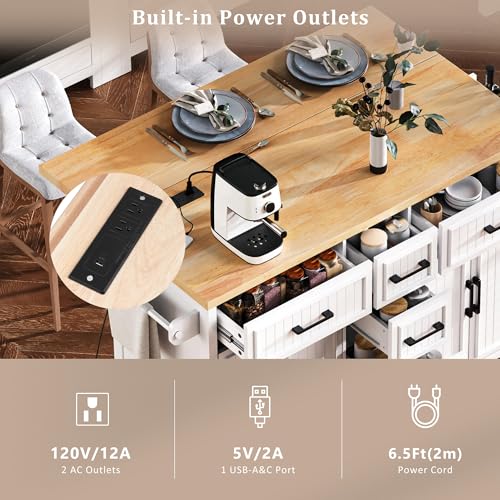 Kitchen Island Cart with Drop Leaf, Power Outlet, and 5 Storage Shelves Z644898