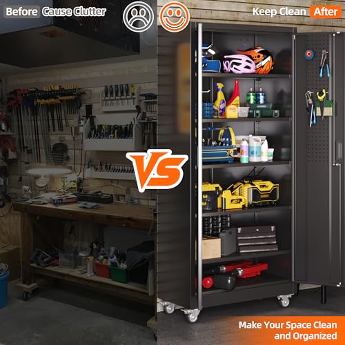 Metal Storage Cabinet with Wheels, 73" H, Locking Doors and Adjustable Shelves C8462