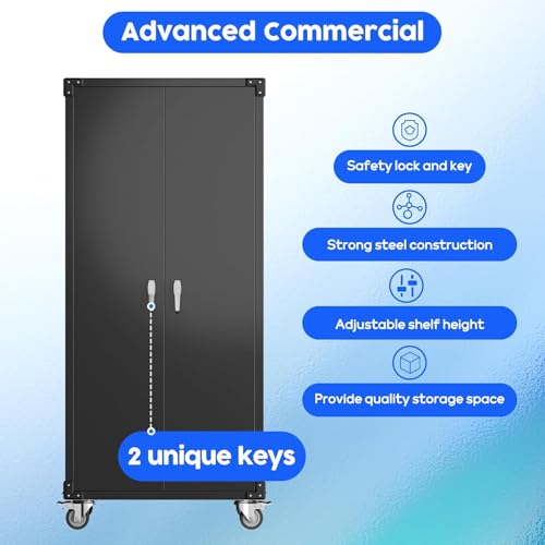 Garage Storage Cabinet with Wheels, 72" H, 2 Doors, 4 Adjustable Shelves, Black Q104