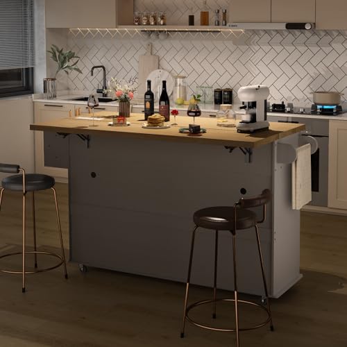 Kitchen Island with Power Outlet & Drop Leaf, Rolling Cart with Storage T1071