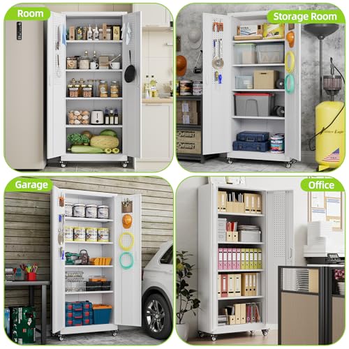 Metal Storage Cabinet with Wheels, 73" H, Locking Doors and Adjustable Shelves C8462