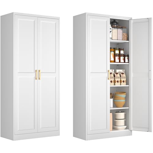 Tall Kitchen Storage Cabinet with Doors and Adjustable Shelves, Black Freestanding Cupboard X34021