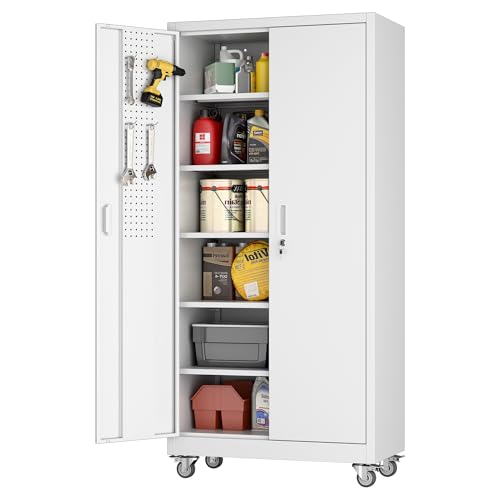 Metal Storage Cabinet with Wheels, 73" H, Locking Doors and Adjustable Shelves C8462