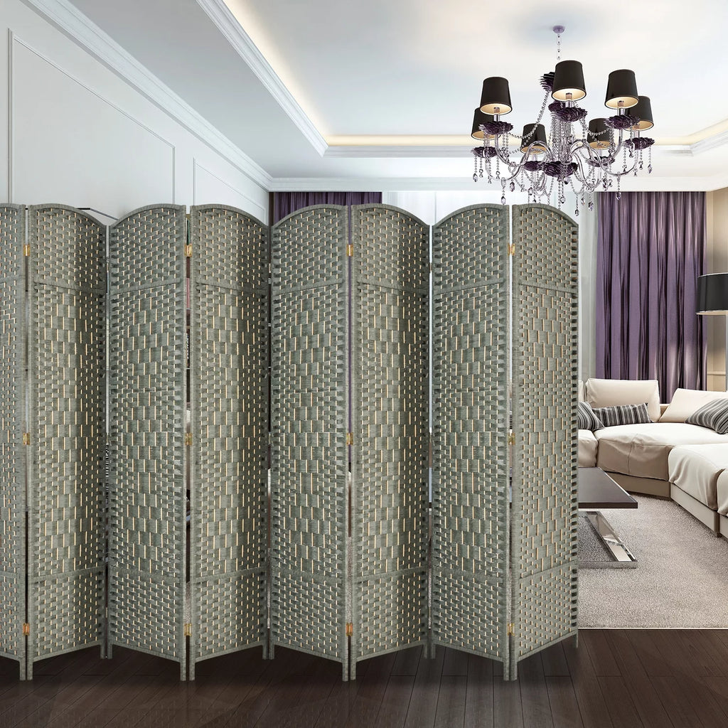 5.7ft Wood Fiber Woven Room Divider 8 Panels, Foldable Grey I3023