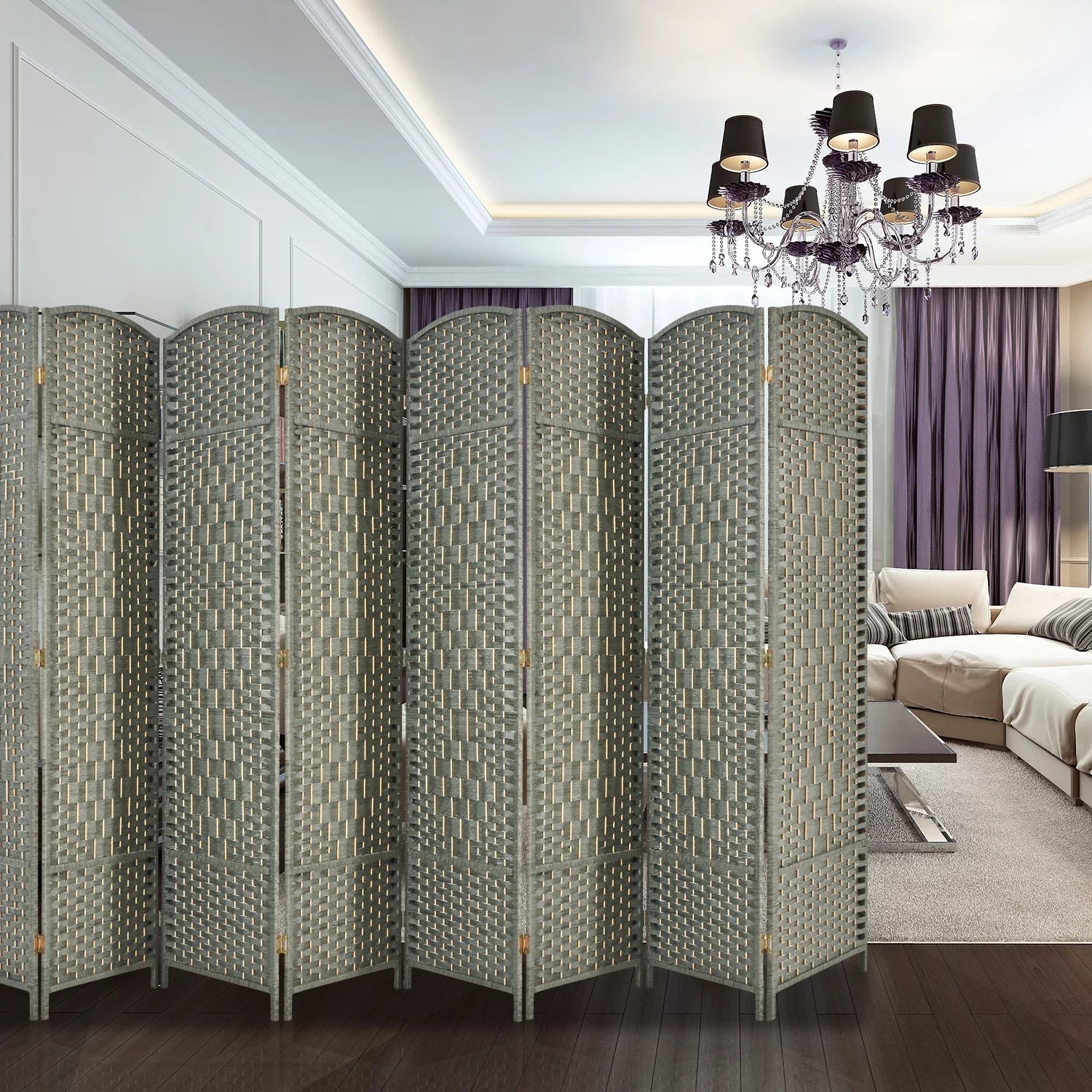 5.7ft Wood Fiber Woven Room Divider 8 Panels, Foldable Grey I3023