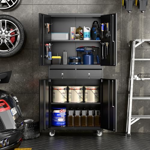 Metal Storage Cabinet with Wheels, 73" H, Locking Doors and Adjustable Shelves C8462