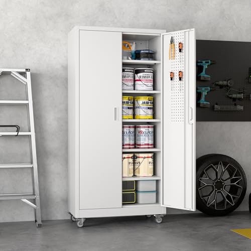 Metal Storage Cabinet with Wheels, 73" H, Locking Doors and Adjustable Shelves C8462