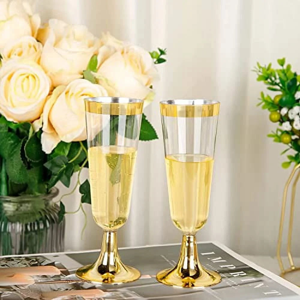30 Pcs Plastic Champagne Flutes, 150ml Gold Stemmed Party Cups H521349