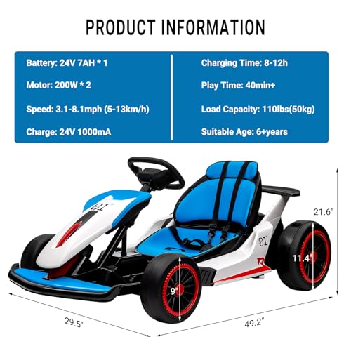 Kids Go Kart, 24V Electric Drift Car with Dual 200W Motors, 2-Speed, White B188186