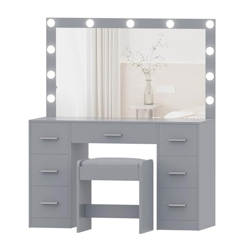 Vanity Desk with Stool, Lighted Mirror, 3 Color Modes, Adjustable Brightness, Drawers, White S703720