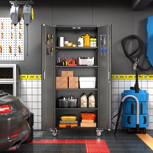 Garage Storage Cabinet with Wheels, 72" H, 2 Doors, 4 Adjustable Shelves, Black Q104