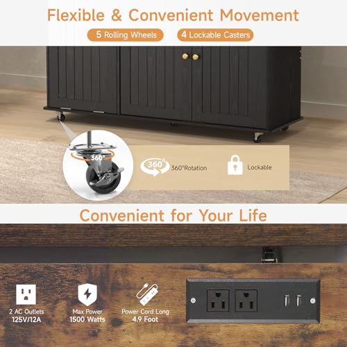Kitchen Island with Power Outlet & Drop Leaf, Rolling Cart with Storage T1071