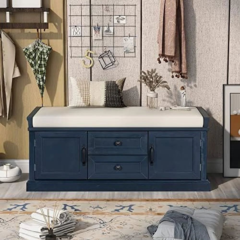 Solid Wood Shoe Bench with 3 Shutter Doors and Removable Cushion Q53541