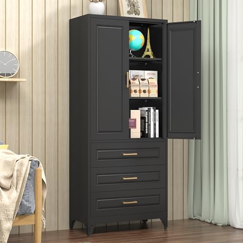 Tall Kitchen Storage Cabinet with Doors and Adjustable Shelves, Black Freestanding Cupboard X34021