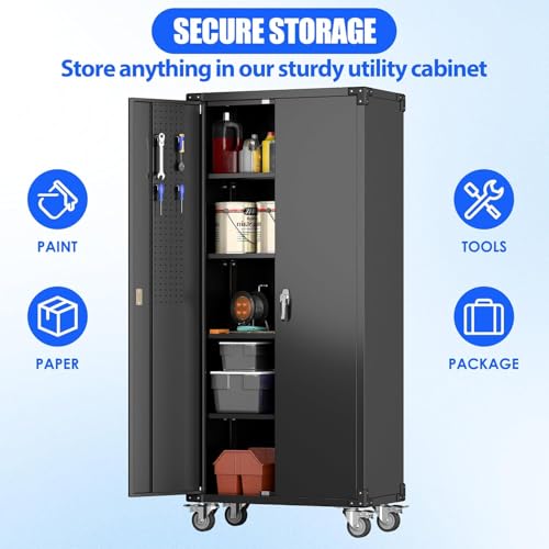 Garage Storage Cabinet with Wheels, 72" H, 2 Doors, 4 Adjustable Shelves, Black Q104