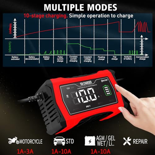 Smart Car Battery Charger 10-Amp 12V/24V with Trickle and Desulfator U7936