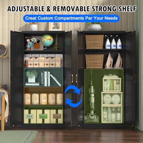 Tall Kitchen Storage Cabinet with Doors and Adjustable Shelves, Black Freestanding Cupboard X34021