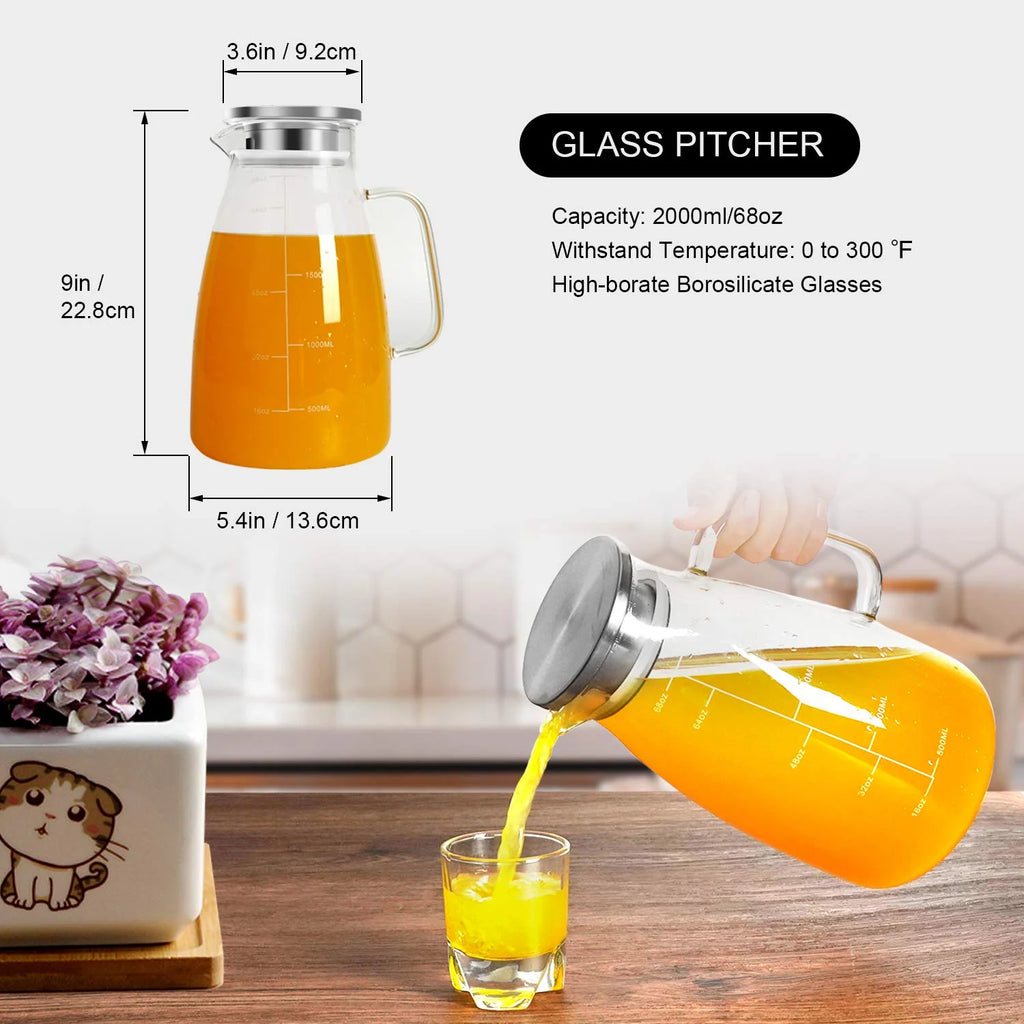 Glass Pitcher with Lid, 68oz, Stainless Steel R1296