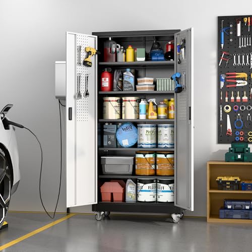 Garage Storage Cabinet with Wheels, 72" H, 2 Doors, 4 Adjustable Shelves, Black Q104